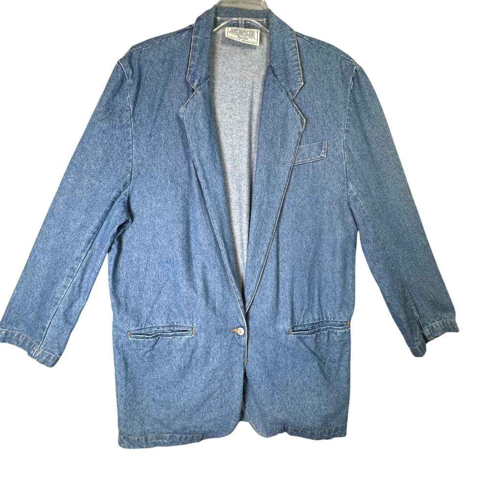 Jordache Vintage Denim Blazer Jacket Medium Wash 90s Retro‎ L Blue Grunge